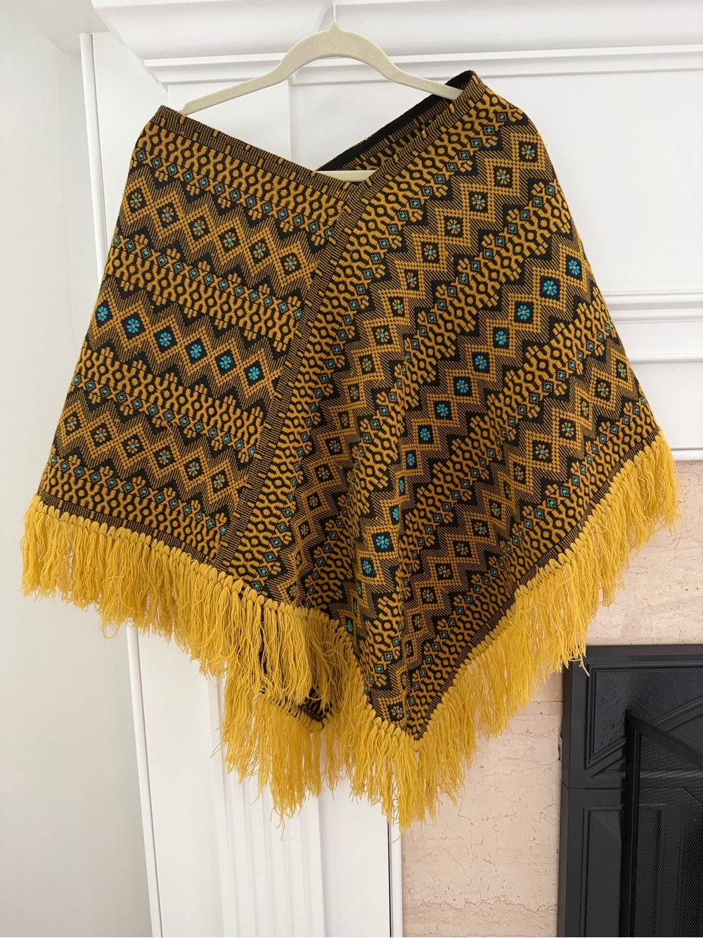 Mustard Yellow and Black Grandma Hippy Bohemian Festival Woven Fringe Poncho